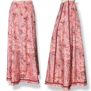 Vintage 70s Chessa Davis Skirt Maxi Hippie Floral Fringe Trim Peasant Pink Retro